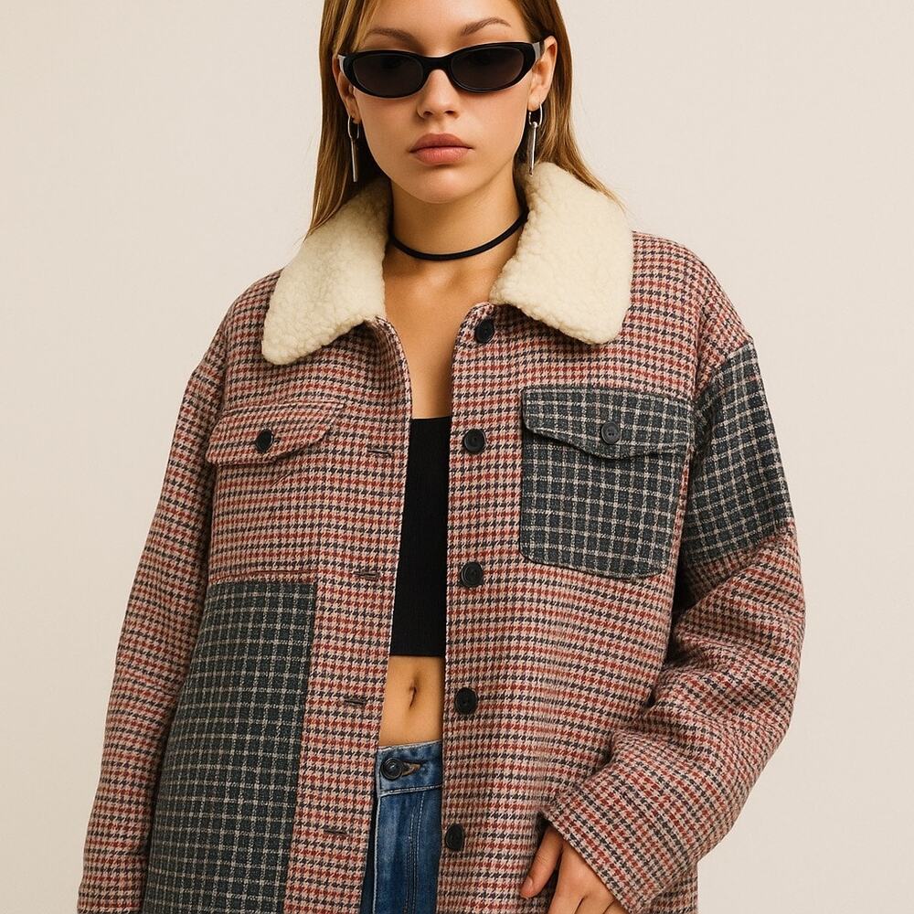 Kengstar “Giaccone”-NWT-Multicolor Patchwork‎ Sherpa-Collar Jacket Sz:Sm Ret$395